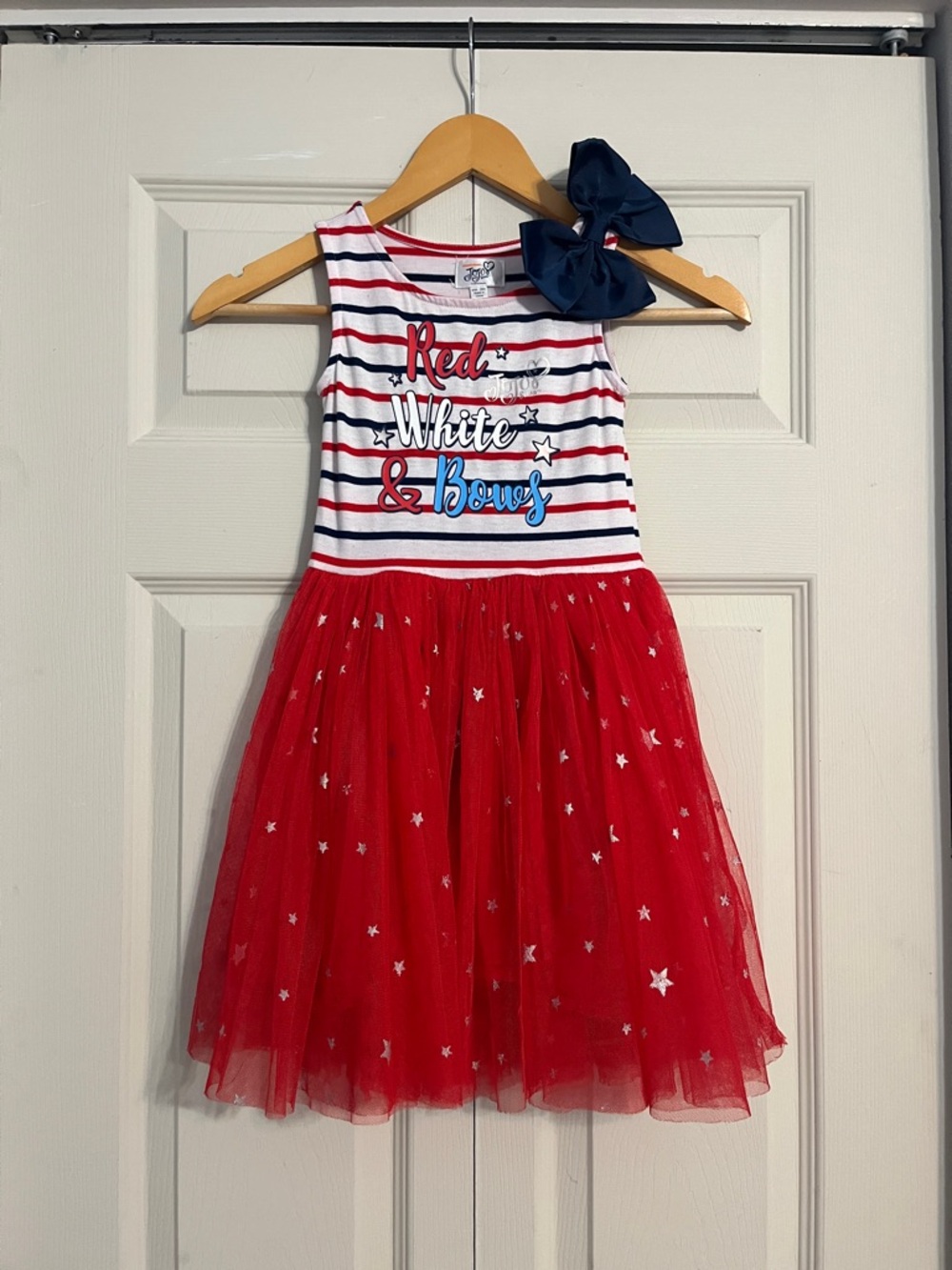 JoJo Siwa Red White Blue Striped & Tulle Star Dress with Navy Bow